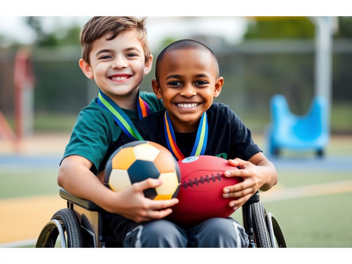 Differently abled child holding sports gear